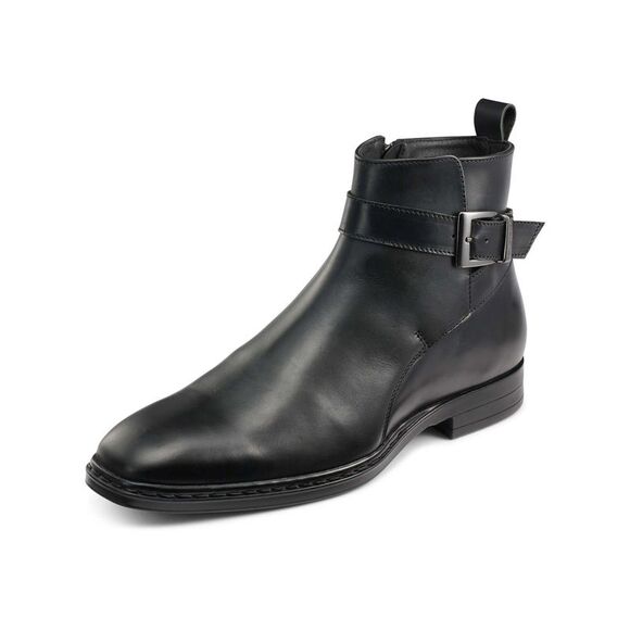 NWT KARL LAGERFELD Mens Black Buckled Strap Heel Pull-Tab Leather Boots Shoes 8